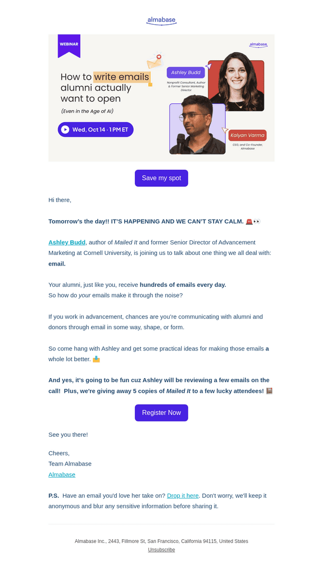 Almabase email from Tue, Oct 13, 2026