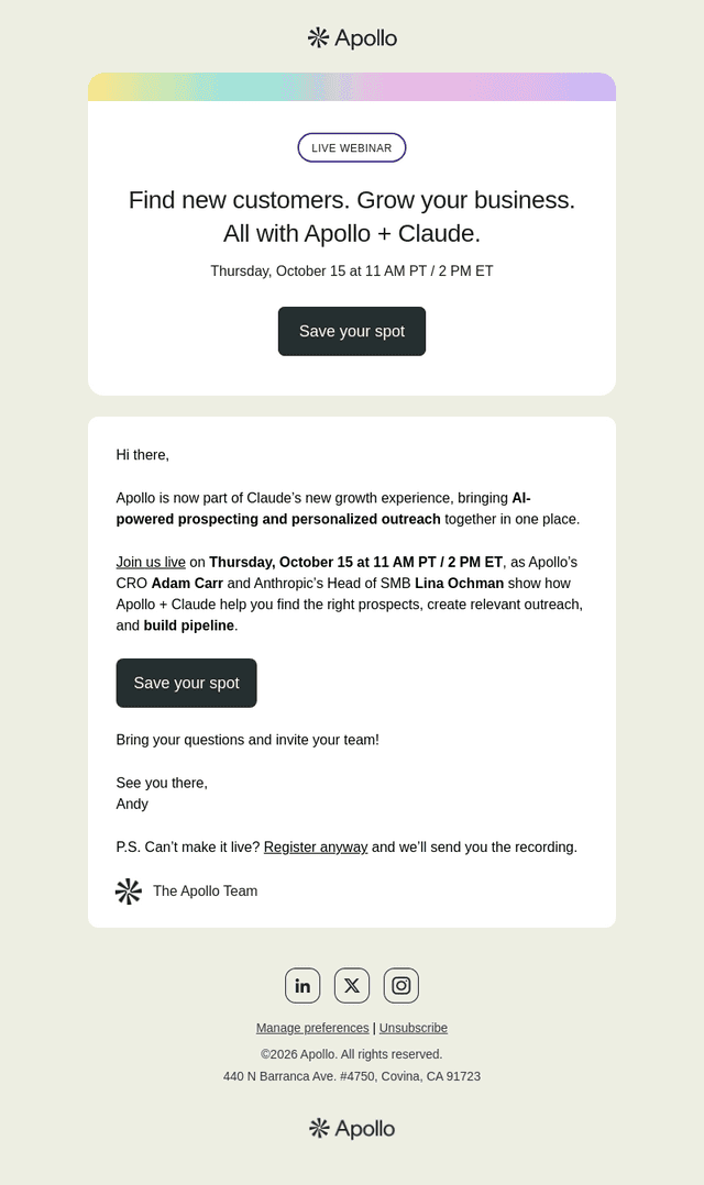 Apollo email from Tue, Oct 13, 2026