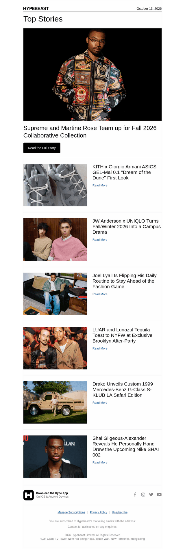 HYPEBEAST email from Tue, Oct 13, 2026