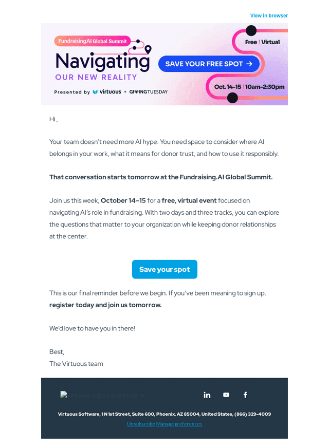 Virtuous Software email from Tue, Oct 13, 2026