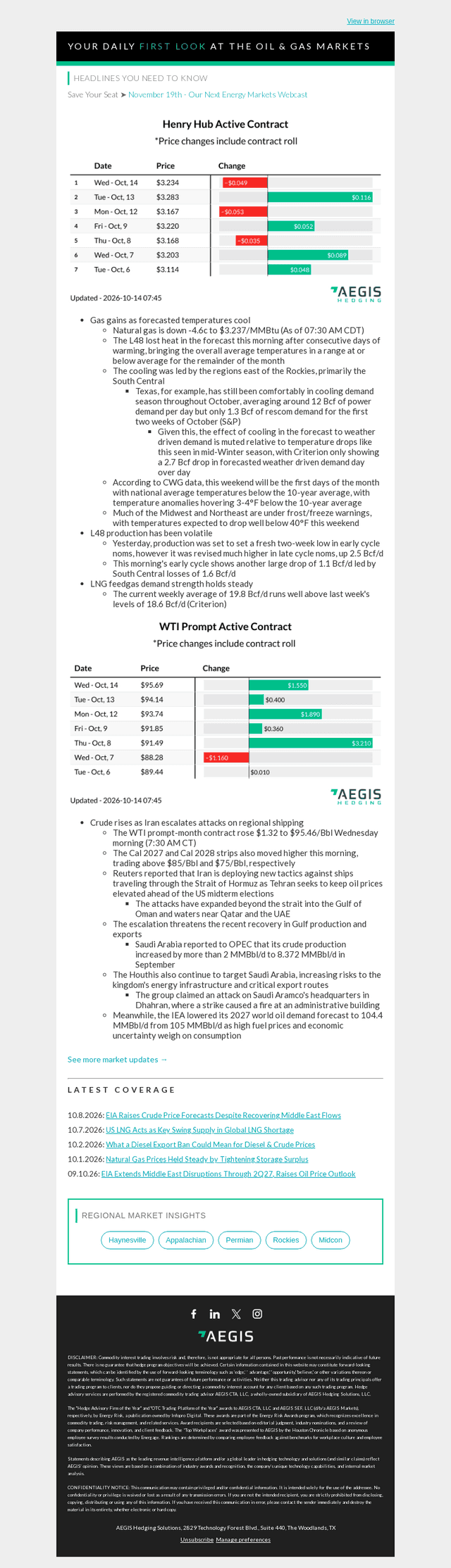 AEGIS Hedging email from Wed, Oct 14, 2026