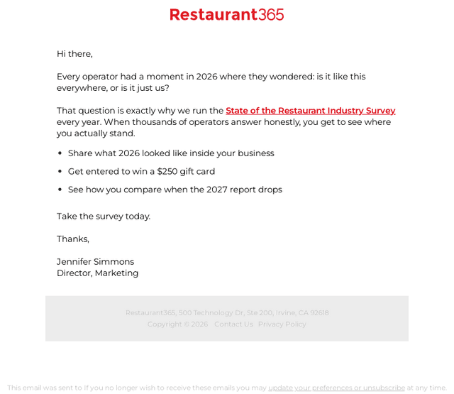 Restaurant365 email from Wed, Oct 14, 2026