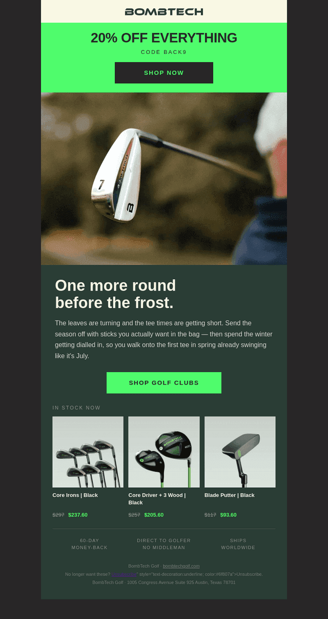 BombTech Golf email from Wed, Oct 14, 2026
