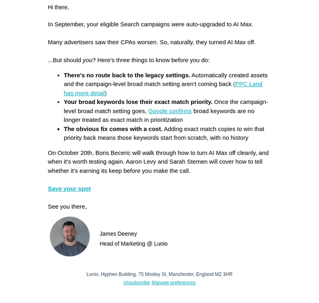 Lunio email from Thu, Oct 15, 2026