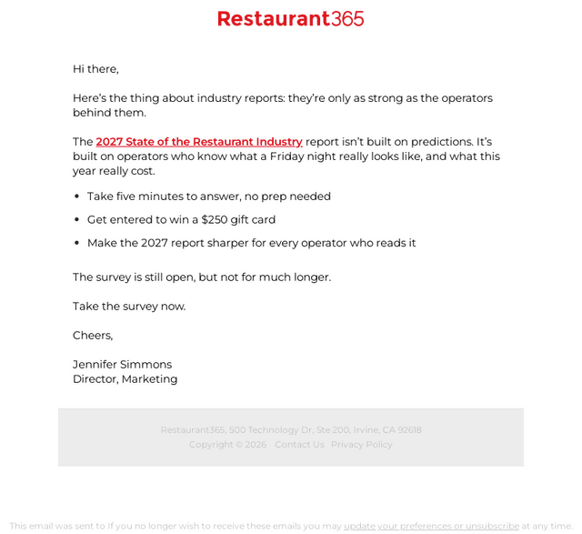 Restaurant365 email from Fri, Oct 16, 2026