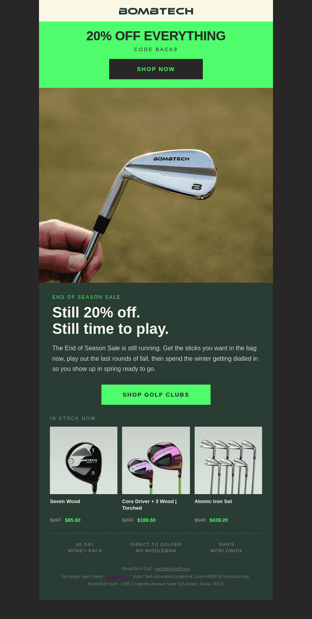 BombTech Golf email from Fri, Oct 16, 2026
