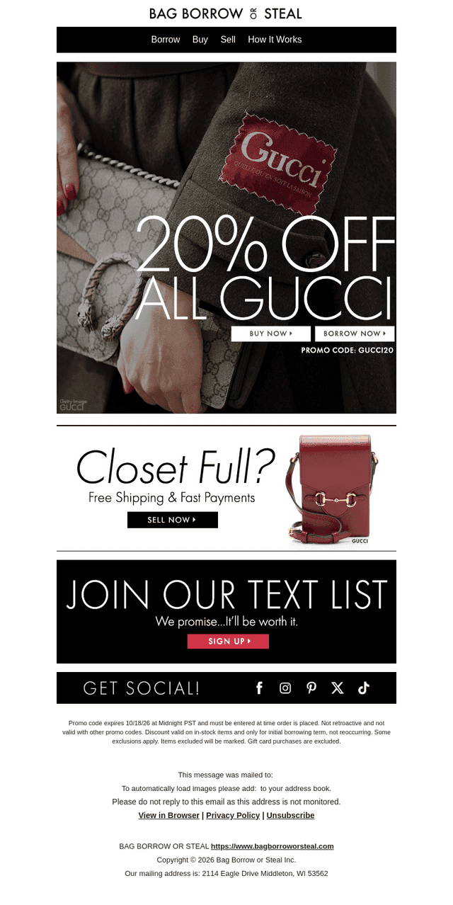 Bag Borrow or Steal email from Sun, Oct 18, 2026