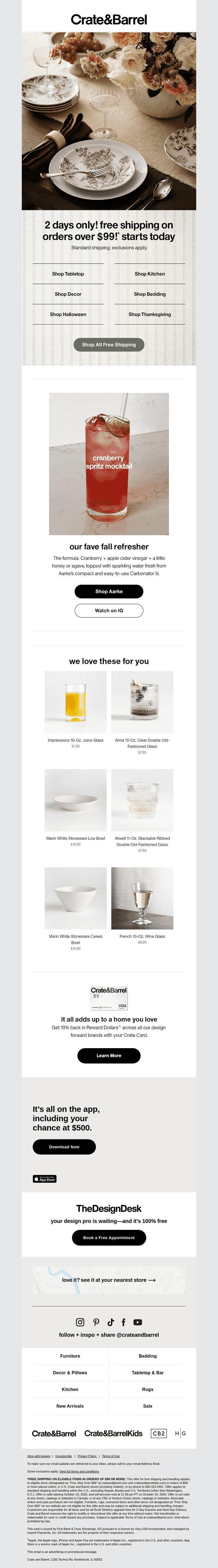 Crate and Barrel email from Sun, Oct 18, 2026