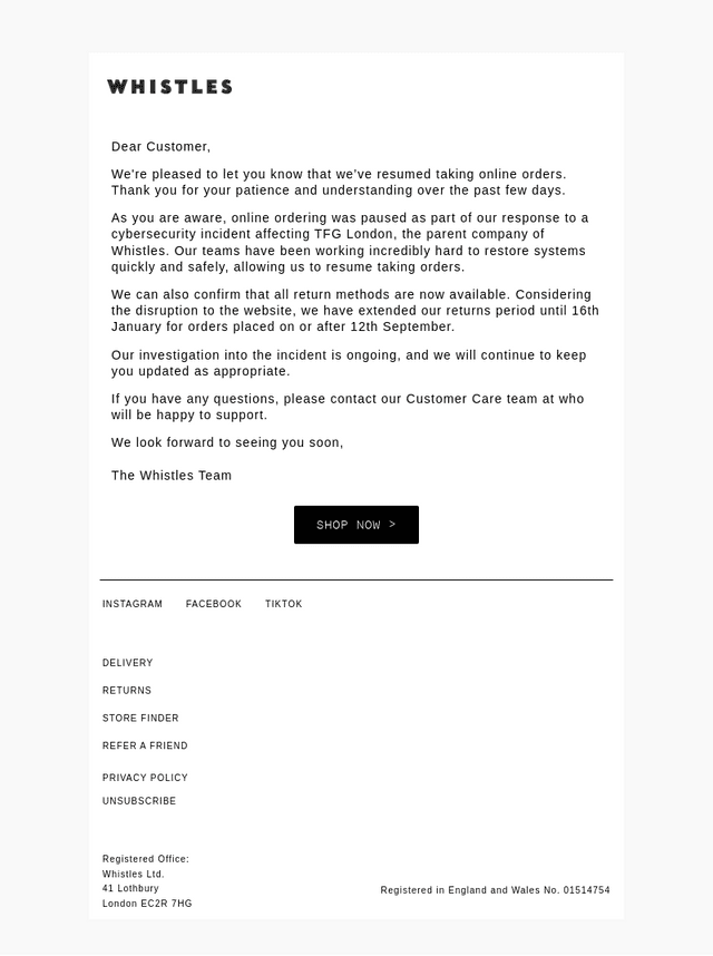 Welcome back to Whistles.com