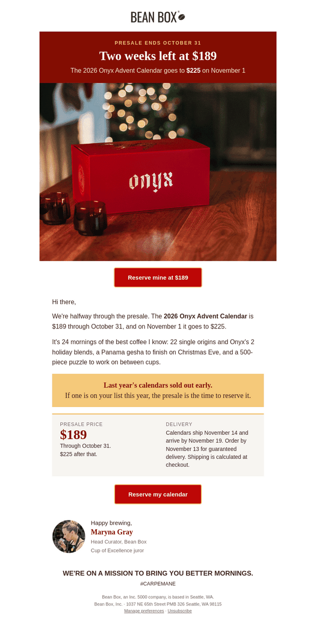 BeanBox email from Sun, Oct 18, 2026