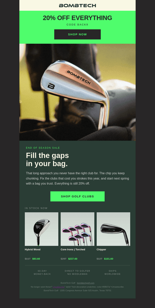 BombTech Golf email from Sun, Oct 18, 2026