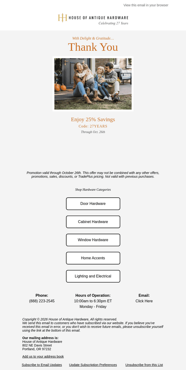 House of Antique Hardware email from Mon, Oct 19, 2026
