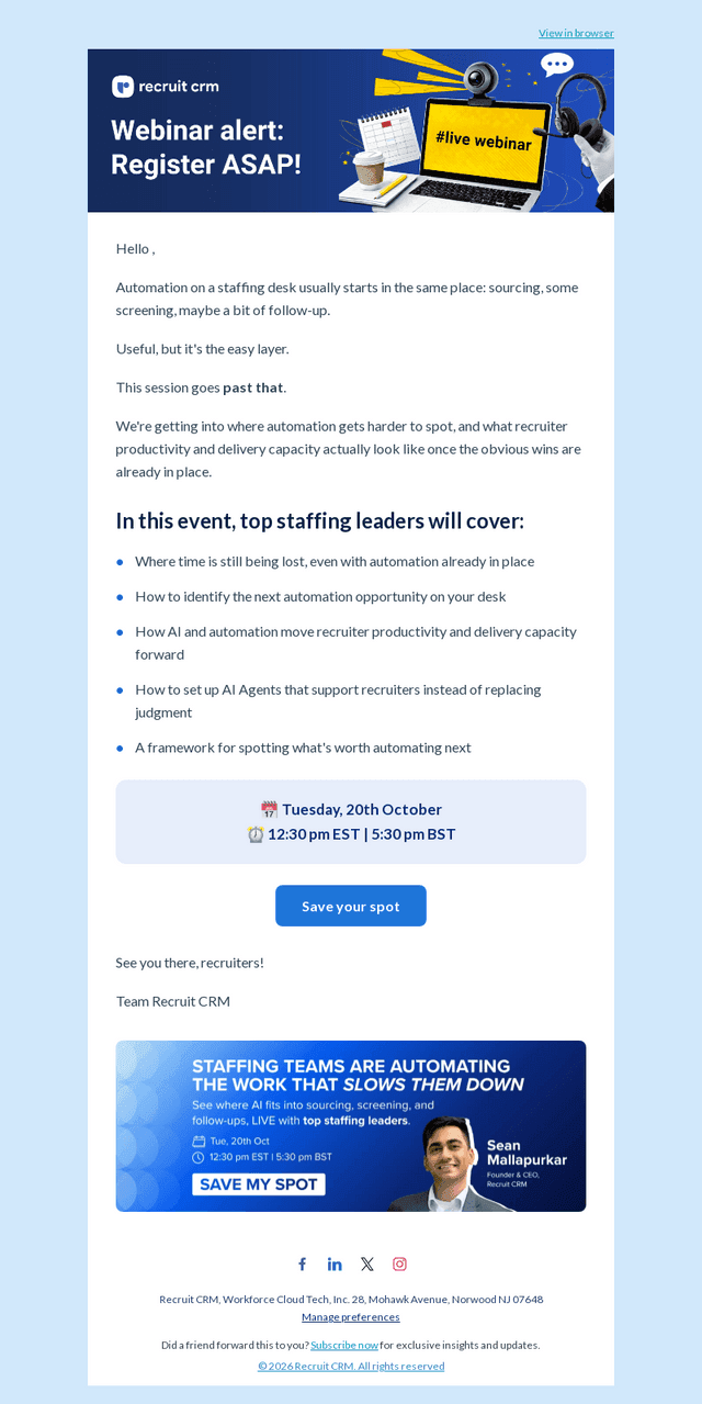 Recruit CRM email from Mon, Oct 19, 2026