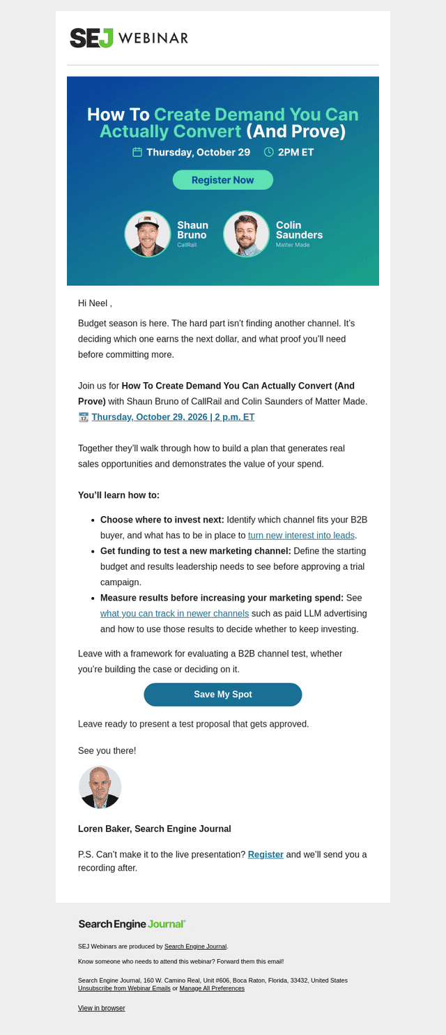 Search Engine Journal email from Mon, Oct 19, 2026