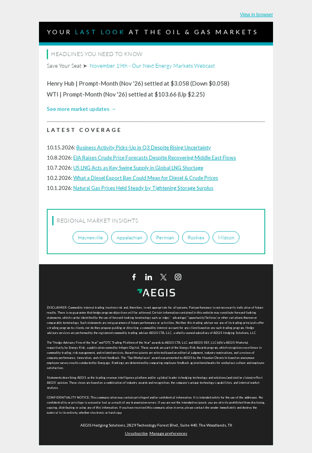 AEGIS Hedging email from Mon, Oct 19, 2026
