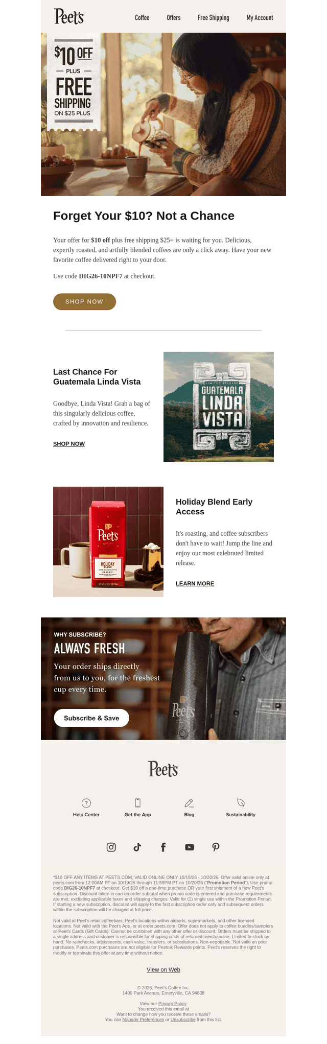 Peet's Coffee email from Tue, Oct 20, 2026