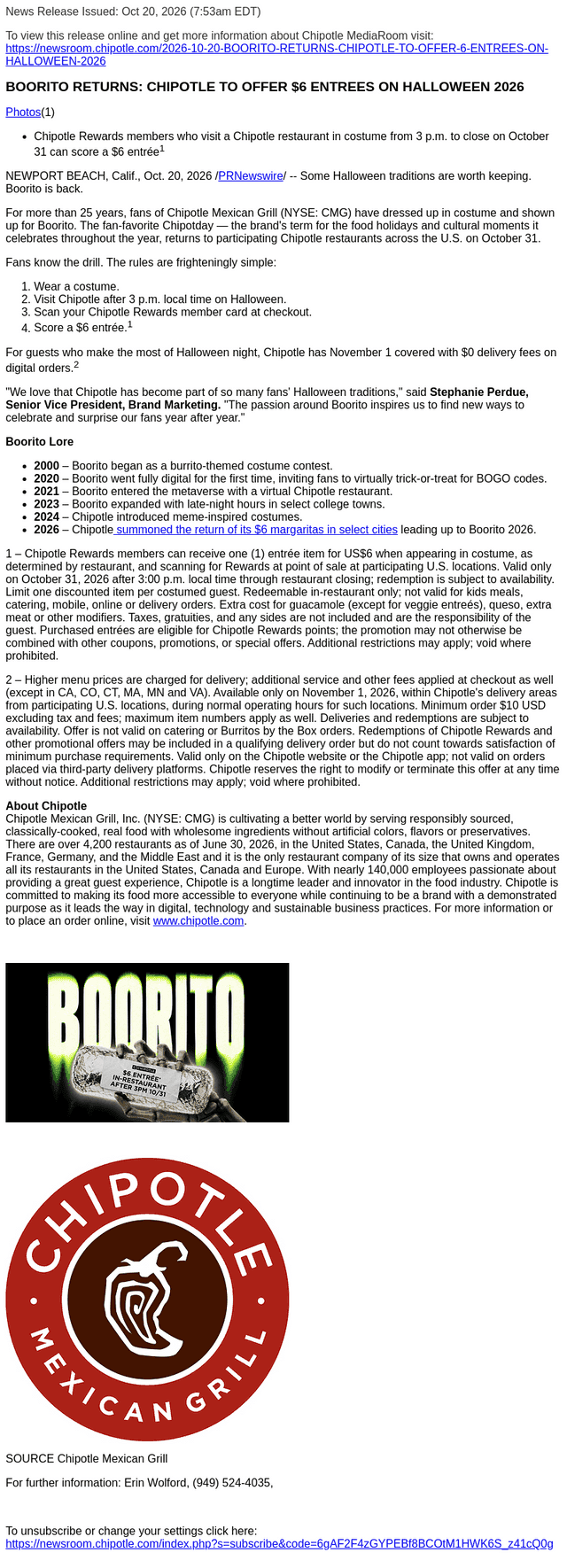 Chipotle Mexican Grill email from Tue, Oct 20, 2026