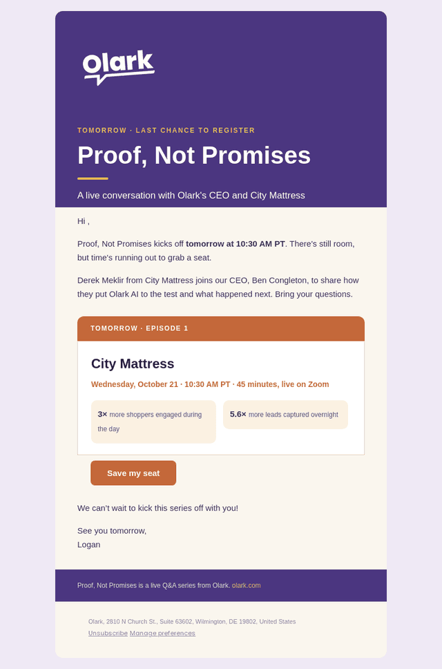 Olark email from Tue, Oct 20, 2026