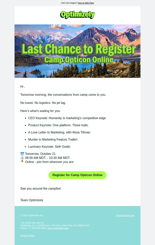 Optimizely email from Tue, Oct 20, 2026