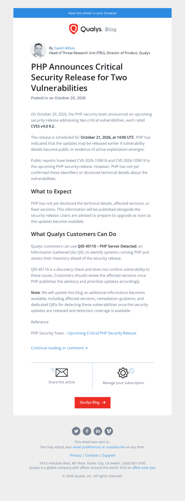 Qualys email from Wed, Oct 21, 2026