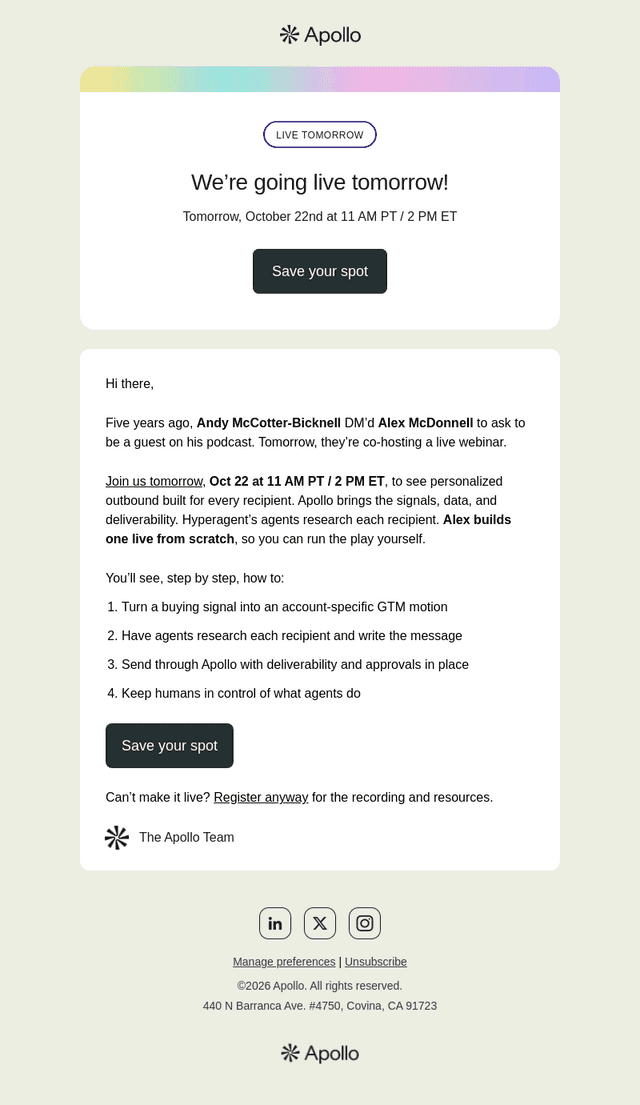 Apollo email from Wed, Oct 21, 2026
