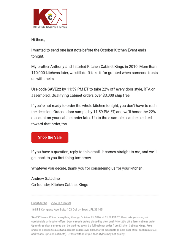 Kitchen Cabinet Kings email from Thu, Oct 22, 2026