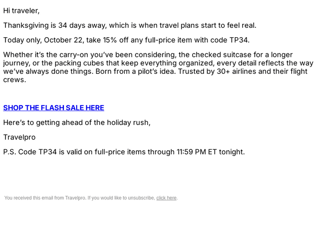 Travelpro Products email from Thu, Oct 22, 2026