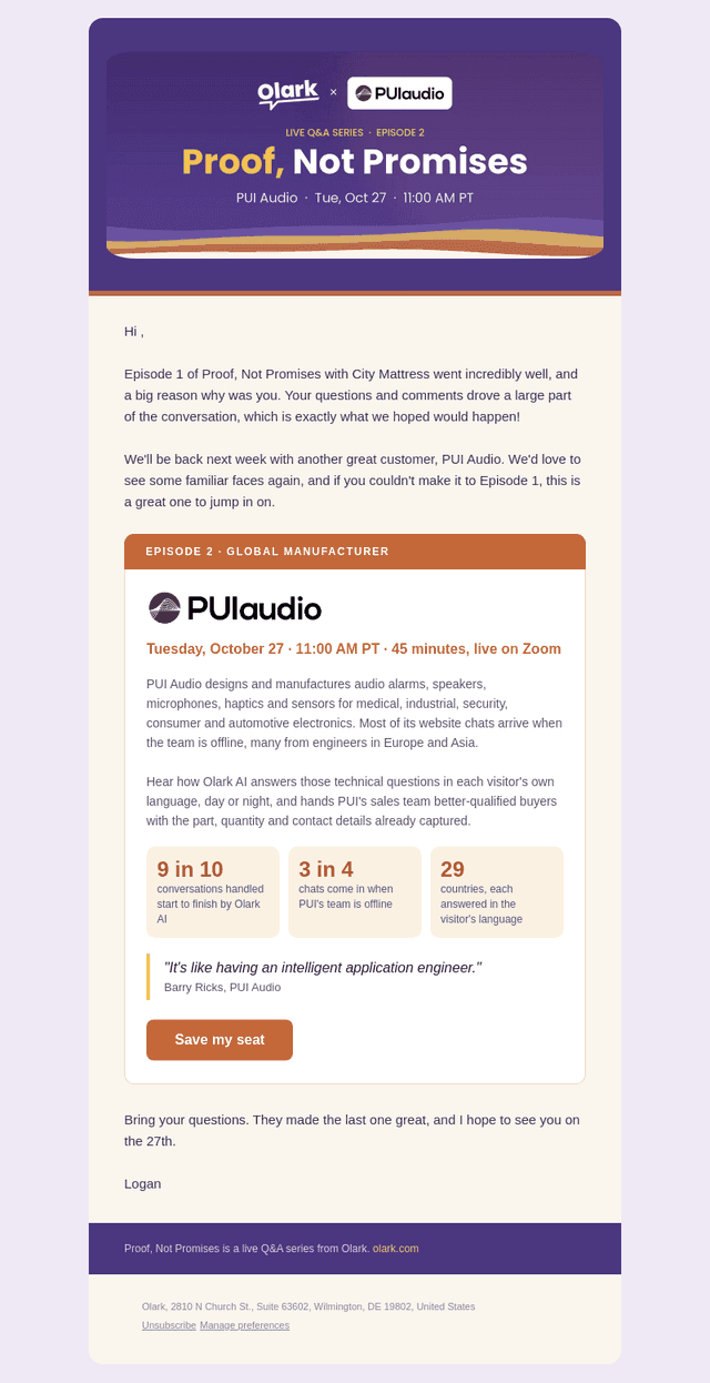Olark email from Thu, Oct 22, 2026