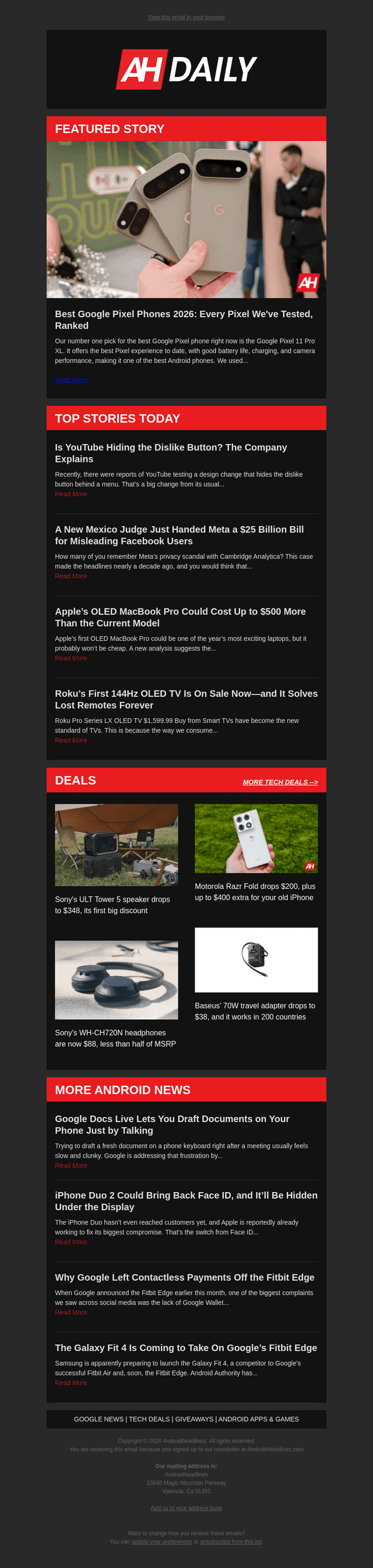Android Headlines email from Thu, Oct 22, 2026