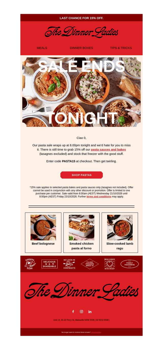 The Dinner Ladies email from Thu, Oct 22, 2026