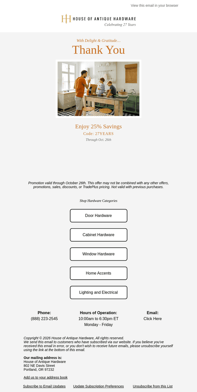 House of Antique Hardware email from Fri, Oct 23, 2026