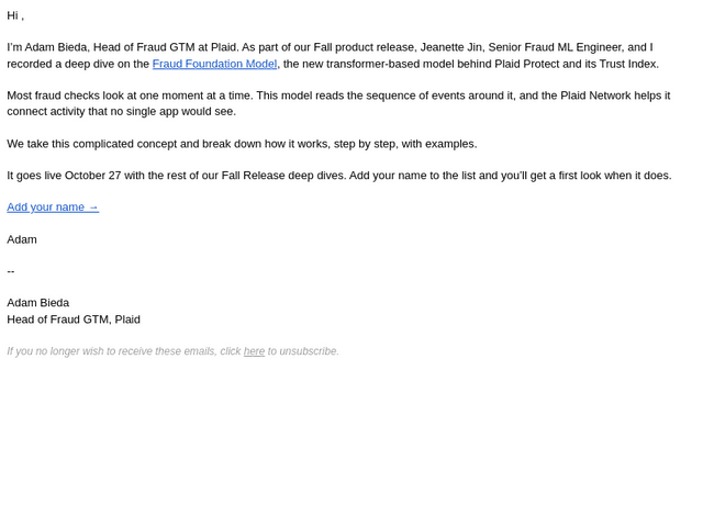 Plaid email from Fri, Oct 23, 2026