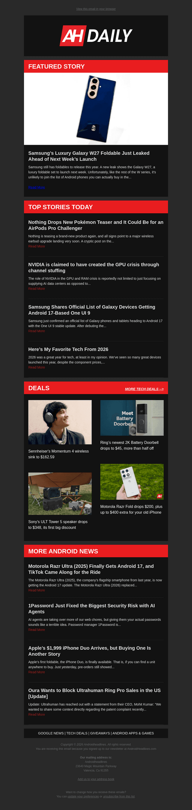 Android Headlines email from Fri, Oct 23, 2026