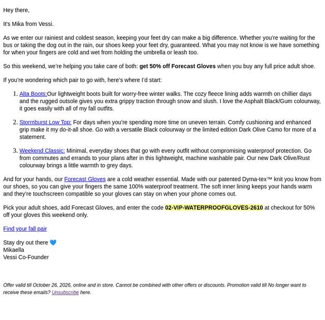 Vessi email from Fri, Oct 23, 2026