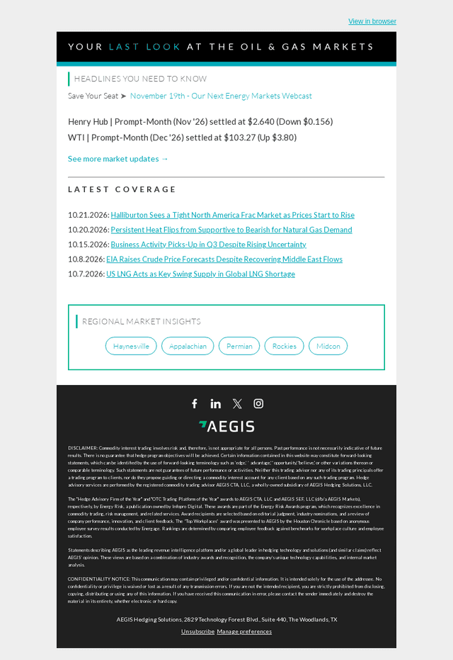 AEGIS Hedging email from Fri, Oct 23, 2026