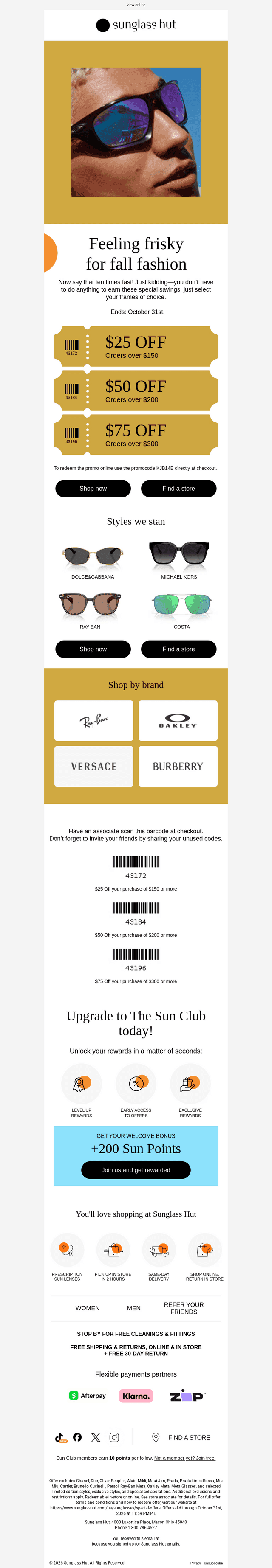 Sunglass Hut email from Sat, Oct 24, 2026