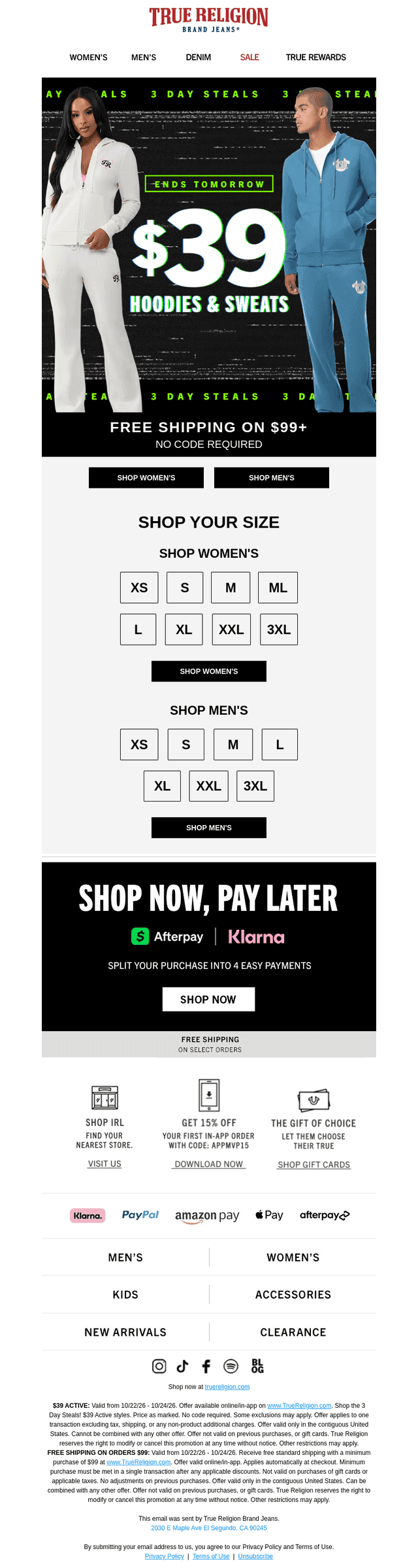 True Religion email from Sat, Oct 24, 2026