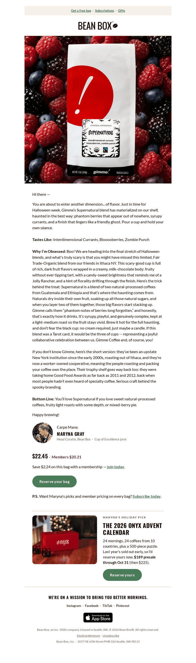 BeanBox email from Sat, Oct 24, 2026