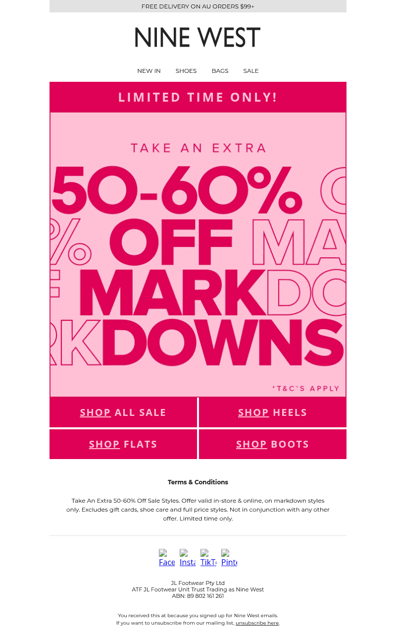 Nine West Australia email from Sun, Oct 25, 2026