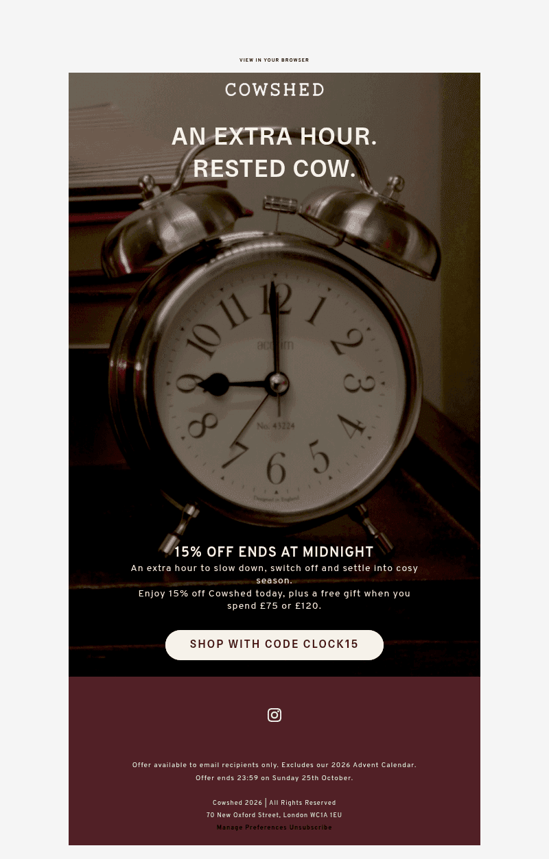 Cowshed email from Sun, Oct 25, 2026