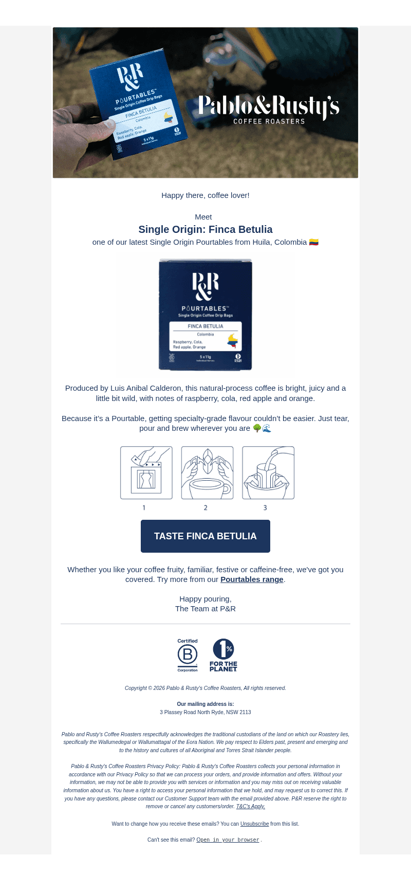 Pablo & Rusty's Coffee Roasters email from Sun, Oct 25, 2026