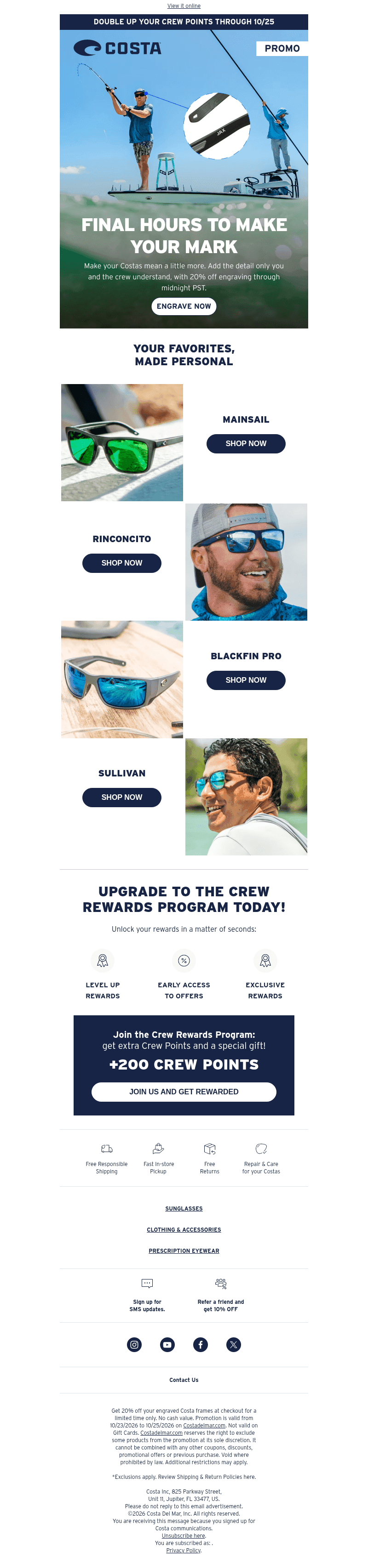 Costa Sunglasses email from Sun, Oct 25, 2026