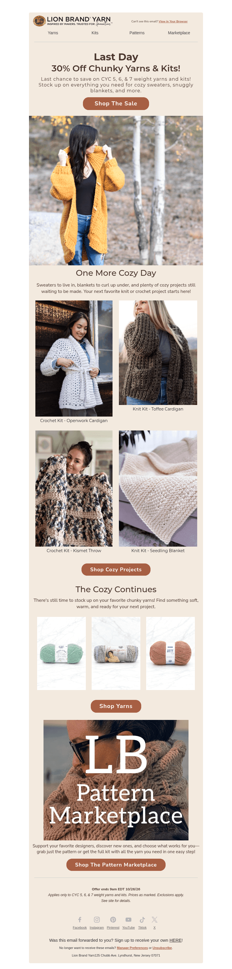 Lion Brand Yarn email from Sun, Oct 25, 2026