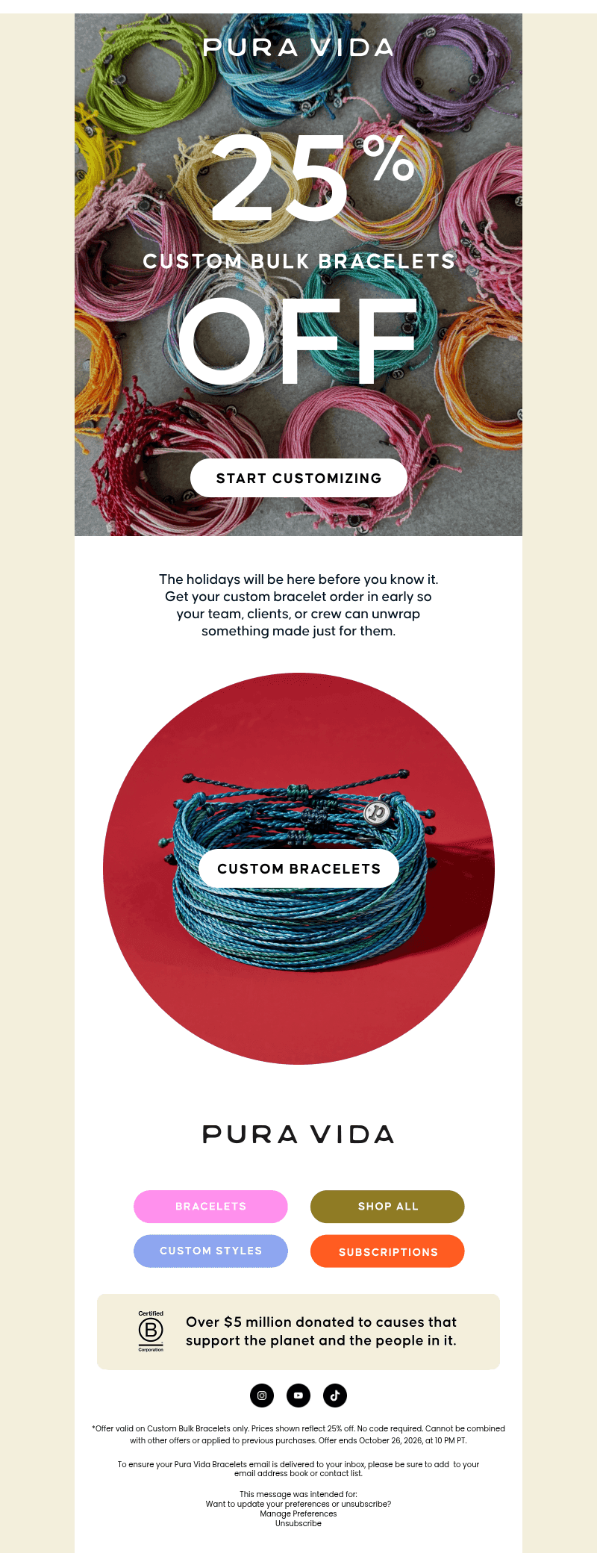 Pura Vida Bracelets email from Sun, Oct 25, 2026