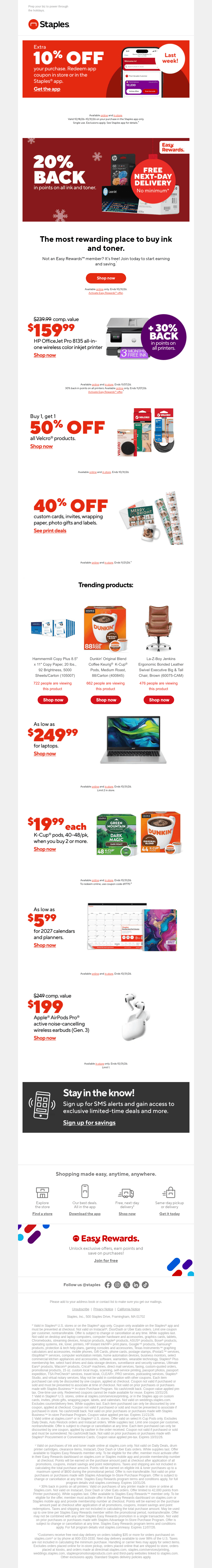 Staples email from Sun, Oct 25, 2026