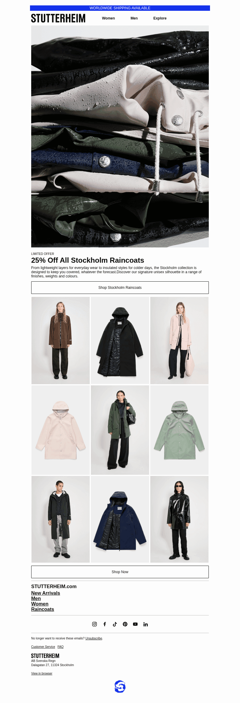 25% Off All Stockholm Raincoats