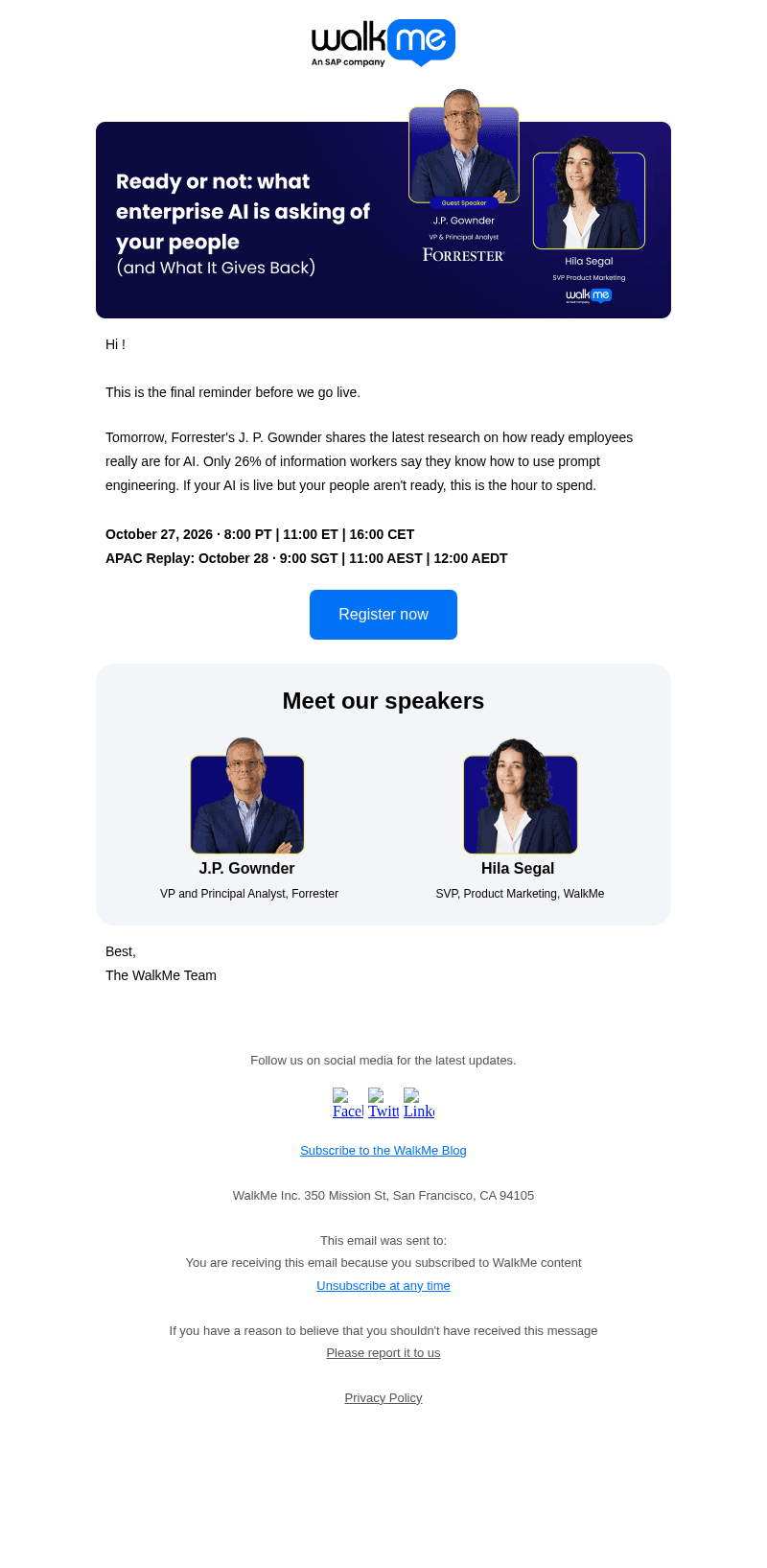 WalkMe email from Mon, Oct 26, 2026