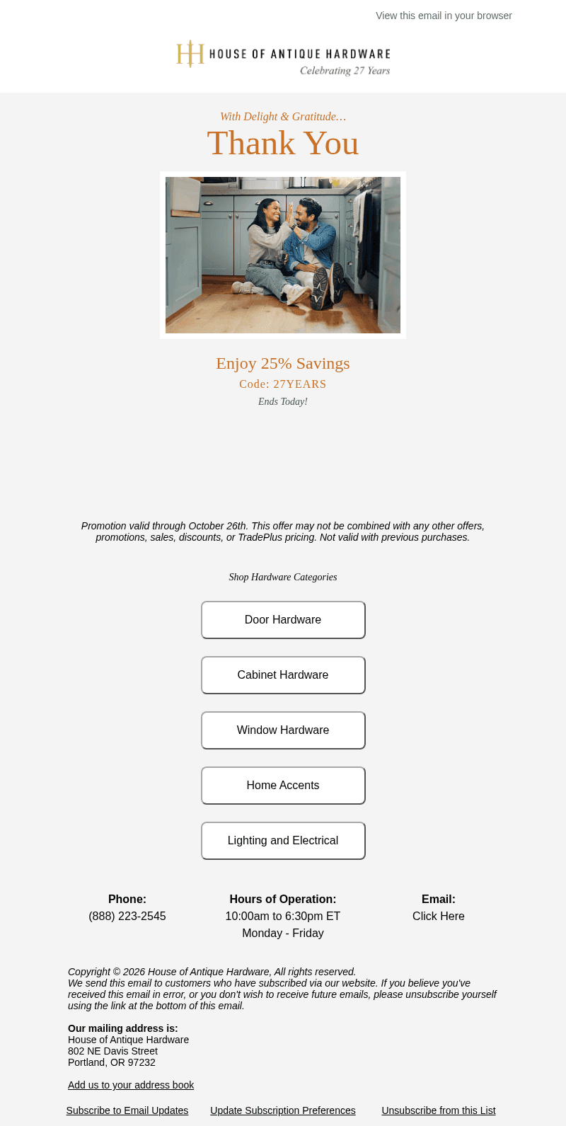 House of Antique Hardware email from Mon, Oct 26, 2026