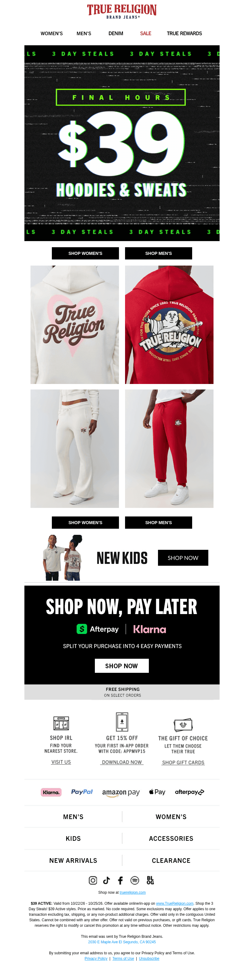 True Religion email from Mon, Oct 26, 2026