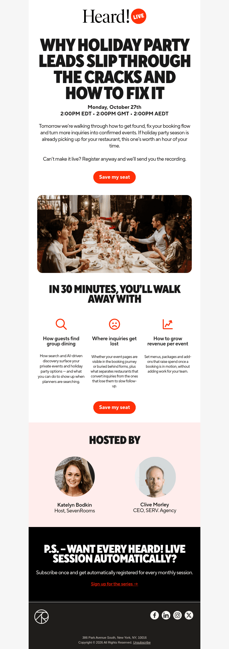 SEVENROOMS email from Mon, Oct 26, 2026